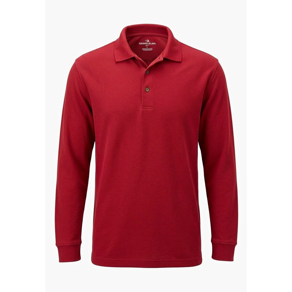 Grand Slam Men's Long Sleeve Knit Polo Shirt Red Embroidered Button L